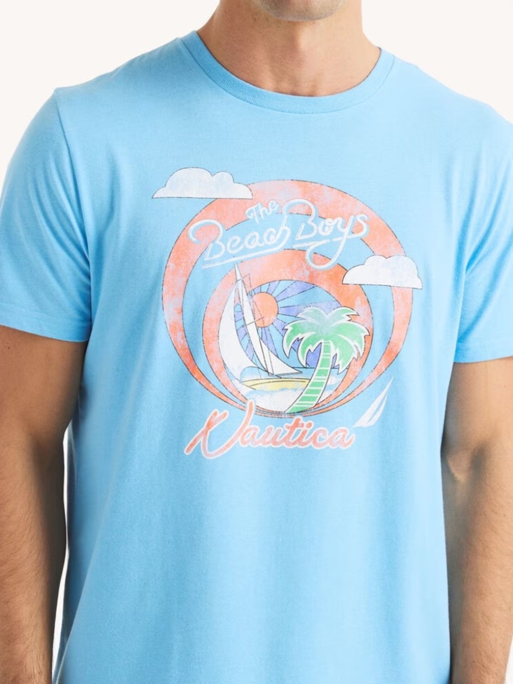 EUC Mens Light Blue The Beach Boys X Nautica Graphic T-Shirt Size Large L